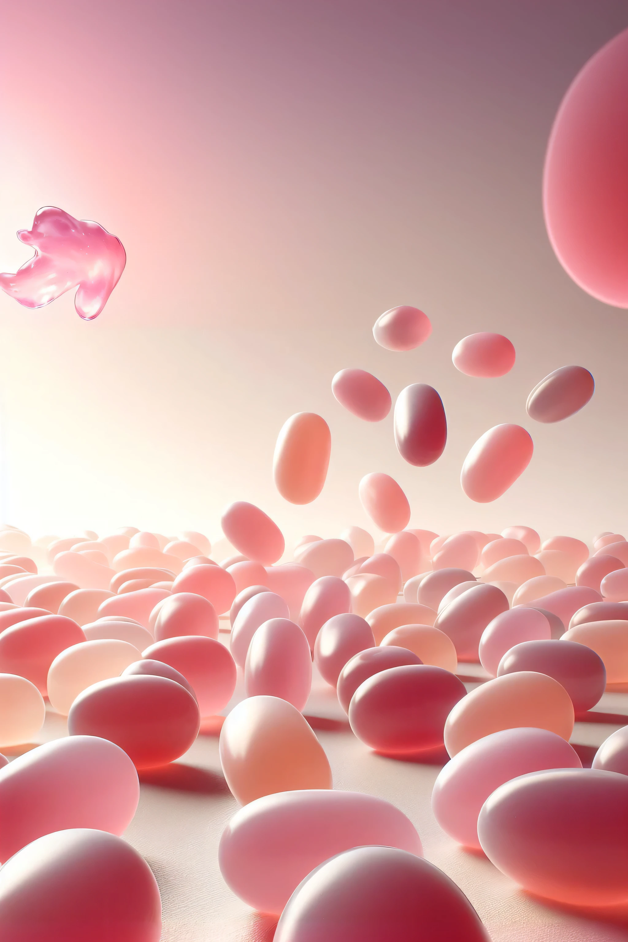 Close-up of a pile of pink jelly beans , flying in the air, gummies, soft 3d render, blood Cells, Pills, полупрозрачные jelly beans , depicted as a 3D rendering, drops, Soft rendering, photo rendering, digital rendering, soft light 4k in pink, illustration!, with colorfull gummies organs, soft opalescent membranes, Cells