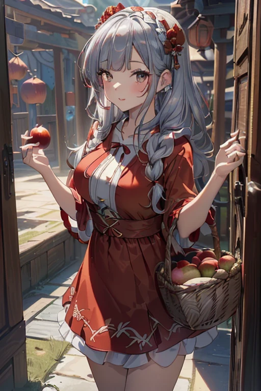 (ukiyoe painting:1.3),(3D Animation:1.3),(Fantasy style costumes),(Grimm fairy tale world),(Little Red Riding Hood,Little Red Riding Hood,red riding hood:1.3),(farmhouse entrance:1.3),(red little red riding hood:1.3),(((Red Tunic:1.3))),(((apples and bread in the basket),Cute and beautiful girl,Cute round face,Cute smile,with blush cheeks,Red Lip,(silver white hair,Floral braided headband,half up、Floral Braided Space Van,Voluminous Fishtail Braids,Twisted chignon,),(Bangs are see-through bangs),hair pin,hair adornments,detailed clothes features,Detailed hair features,detailed facial features,(Dynamic angles),(Dynamic and sexy poses),clothes that emphasize big breasts,Cinematic Light,(masutepiece,top-quality,Ultra-high resolution output image,depth of fields,intricate detailes,Make the subject look three-dimensional with the contrast of light and shadow,) ,(The 8k quality,Anatomically accurate facial structure,),(Sea Art 2 Mode:1.3),(Image Mode Ultra HD,)