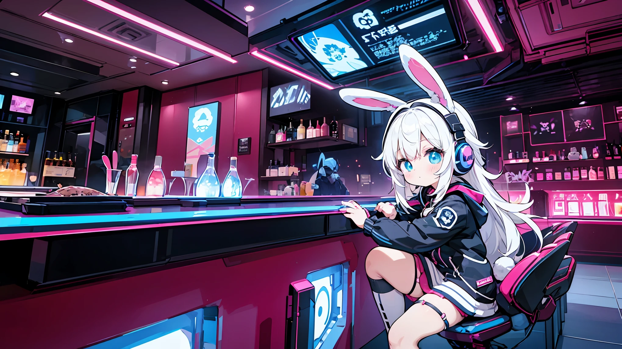 Bar in a cave,Anime white hair girl with headphones, wearing rabbit ears,Cyberpunk clothing,Vibrant juice,Sitting at the counter,Romantic space, Futuristic interior, Cute stuffed rabbit, Cute art style, Anime Style 4k,Vivid Color