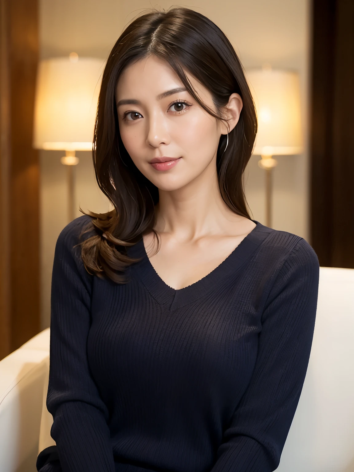 8k, highest quality, masterpiece, Realistic, Photorealistic, Ultra-detailed, Natural light, Shapely breasts, I can see her cleavage, 1 person, 35-year-old woman, Black Hair, Beaver, Straight Hair, (Looking at the camera), Light blue knit V-neck shirt, Highly detailed face and skin texture, Ultra-detailed目
