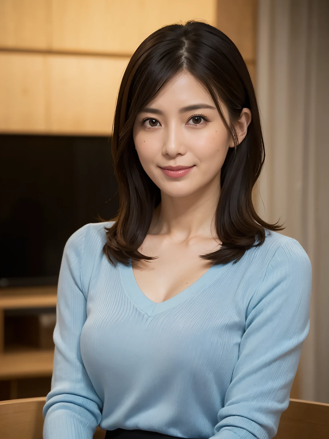 8k, highest quality, masterpiece, Realistic, Photorealistic, Ultra-detailed, Natural light, Shapely breasts, I can see her cleavage, 1 person, 35-year-old woman, Black Hair, Beaver, Straight Hair, (Looking at the camera), Light blue knit V-neck shirt, Highly detailed face and skin texture, Ultra-detailed目