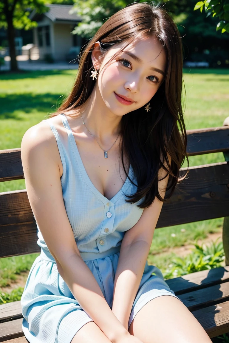 (Save this image)、Pale face and eyes:1.3、薄くてPale face and eyes:1.3, blue eyes:1.3、8k, {highest quality}, {{masterpiece}}, {Very delicate and beautiful}, Outstanding light and shadow, Highly detailed wallpaper, Sunny and bright sunlight, whole body, whole body、 1 girl, , blush、茶colorのショートボブヘア, Strong sunlight, Girly Style Fashion:1.5, Delicate Hair, B cup breasts, Realistic skin texture, Visible wrinkles on the skin., Broad shoulders,window, ((A strong light shines on your face)), color々Strike a Pose:1.5, necklace、ring、earrings、smile:1,5、(sitting cross-legged on a park bench)