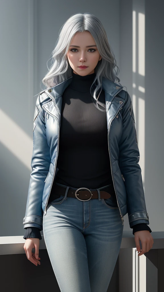 A girl in jeans and a blue coat in the style of a beautiful cyberpunk silver and white wavy resin palette gray academia babycore dark & ​​​​explosive White and cyan., hot, gorgeous, full body , perfect light perfect composition Beauty Award winning masterpiece Artstation 8 k Artgerm Mucha Dim Volumetric lighting Octane 18 k Beautiful detail rendering. post processing, portrait, exaggerated detail, complex, grand composition, cinematic lighting, masterpiece, trending art station, high detail, masterpiece, beautiful, 18k , HDR, smooth, sharp focus, high resolution.
