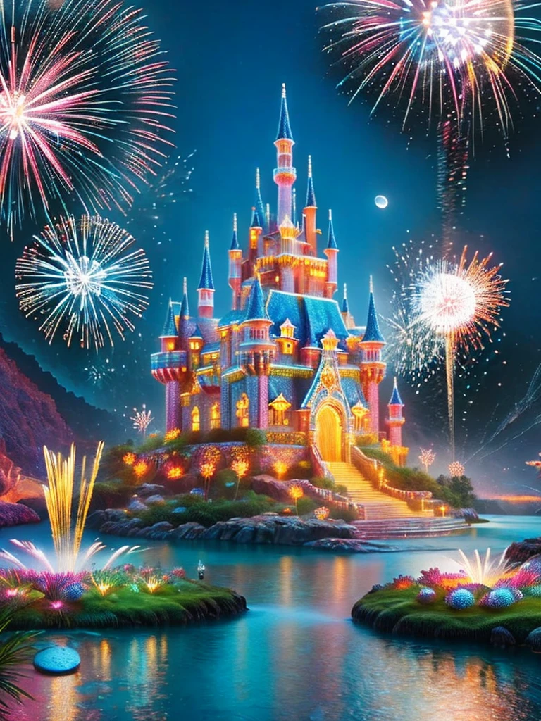 (Neon)，Circuit Board，(moon:1.5)，(Bubbles)，(fireworks:1.5)，Dreams，(Psychedelic)，(Neon light)，(A peaceful and magical dream castle)，In this vibrant，Charming surroundings，center，A dreamy and majestic castle，Central Lake，Surrounded by a variety of aquatic plants，Many different types and colors of flowers adorn the beautiful landscape，Multiple waterfalls burst from nearby cliffs，Their waters sparkle in the dawn light，When they poured into the lake，The sun is just beginning to peek over the horizon，The first rays of sunlight of the day cast beautiful, warm tones over the castle and surrounding nature.，(Ultra HD, masterpiece, precise, Anatomically correct, textured skin, High Detail, high quality, The award-winning, 8k)，Mysterious charm, Utopian Clean Energy City