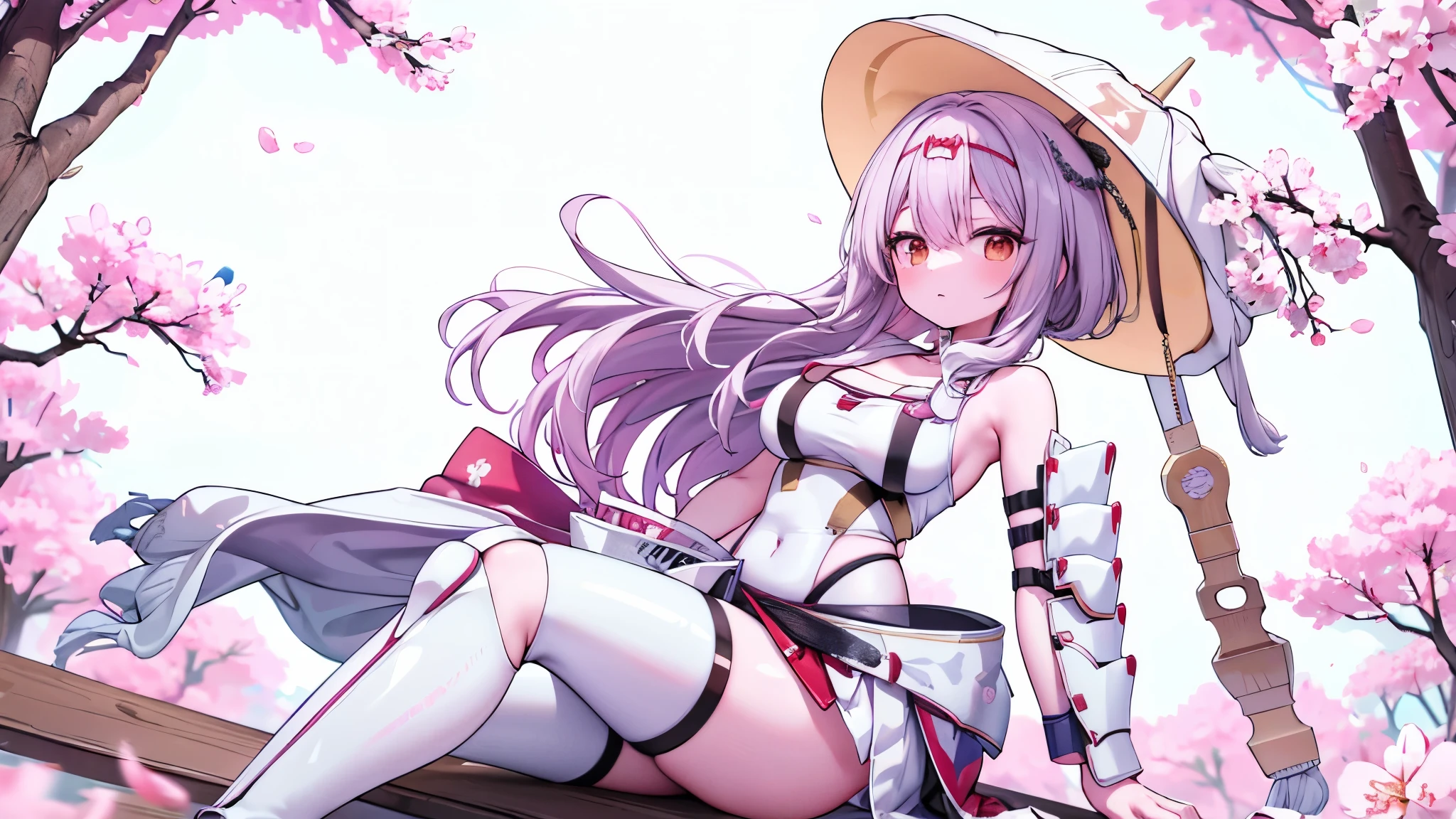 white leotard, white pants, bare shoulders, overskirt, hip vent, hat, kasa scarletg, bodysuit, headpiece, shoulder armor, half-skirt, belt, asymmetrical legwear, sheath,Sitting position,Asian conical hat , sitting , Cherry Blossom , Plum blossoms, Cherry Blossom 나무 , Japanese-style , Japanese sword , Hwamu, Ilhong , alcohol , alcohol병 , alcohol잔을 들고있는 , alcohol을 먹는 , Romantic , bright mood , peaceful , female , animated movie , character , illustration