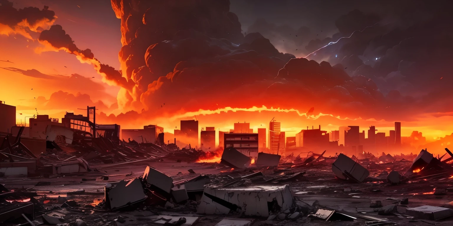 
devastated world, rubble, red sky, destruction