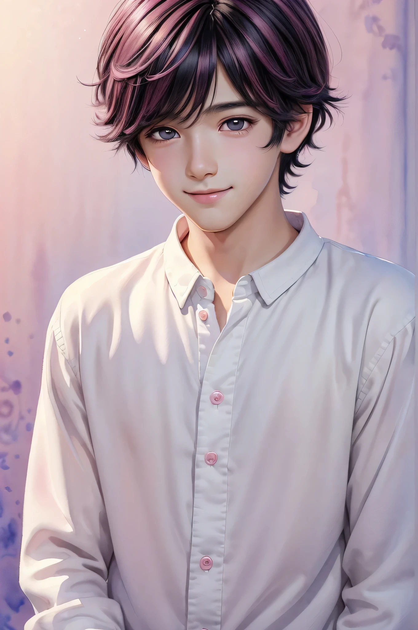 (masterpiece, best quality), (beautiful finely detailed eyes), ((1 boy)), ((only)), (finely detailed eyes and detailed face), (beautiful and clear background), (extremely detailed CG, ultra detailed, best shadow), ( ( depth of field)), ((watercolor, anime style digital art)), (( Black pink hair boy)), (Cute clothes), (happy expression), (colorful background), conceptual illustration.