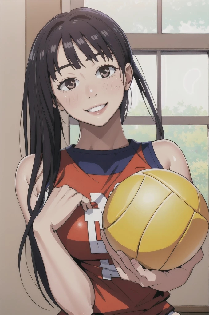 masterpiece, best quality, highres, depth of field, smiling, looking at viewer, 1girl, long hair, volleyball uniform, tall, indoor stadium, pureerosface_v1,  ulzzang-6500, holding a volleyball,