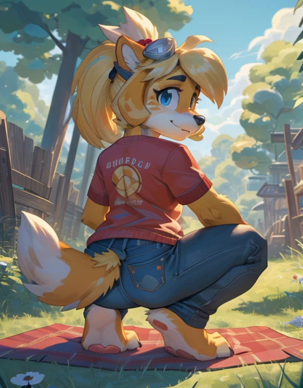 [isaCrossing], [Isabelle], [Animal Crossing], [Uploaded to e621.net; (Pixelsketcher), (wamudraws)], ((masterpiece)), ((HD)), ((high res)), ((solo portrait)), ((back view)), ((feet visible)), ((furry; anthro)), ((detailed fur)), ((detailed shading)), ((beautiful render art)), {anthro; (slim figure), yellow fur, black nose, (cute blue eyes), (blonde hair), (bells in hair), topknot, fluffy tail, (curvy hips), (sweat on forehead), (beautiful legs), (beautiful feet), (detailed soles), (paw pads), (cute smirk)}, (nervous expression)}, {(red ribbon in hair), (orange tee shirt), (tight jeans)}, {(sitting on picnic blanket), (crouching), (reaching in picnic basket), (pigeon-toed), (looking back), (looking at viewer)}, [background; (park), (trees), (blue sky), (sun rays), (ambient lighting)]