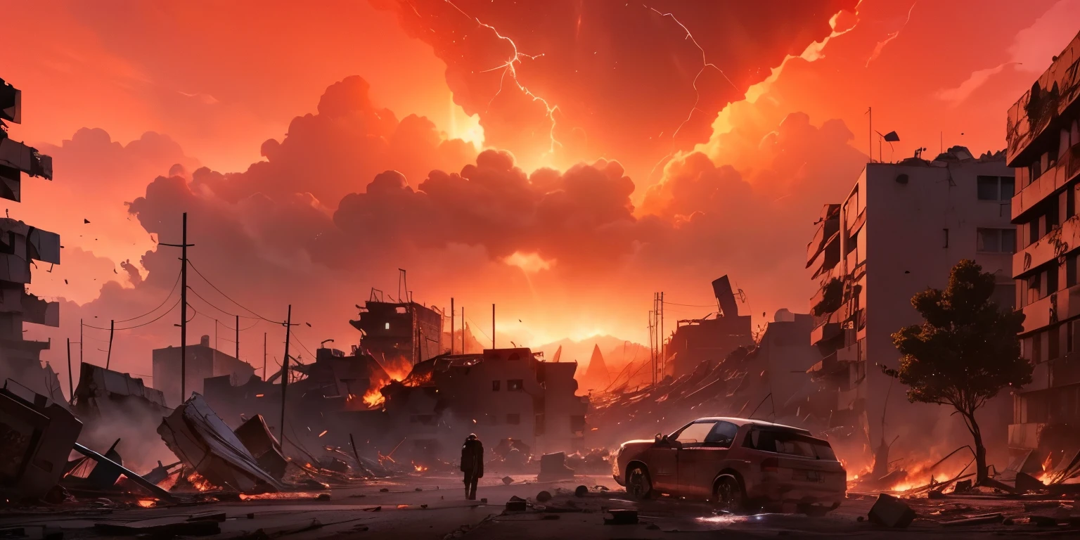 
devastated world, rubble, red sky, destruction, anime, background
