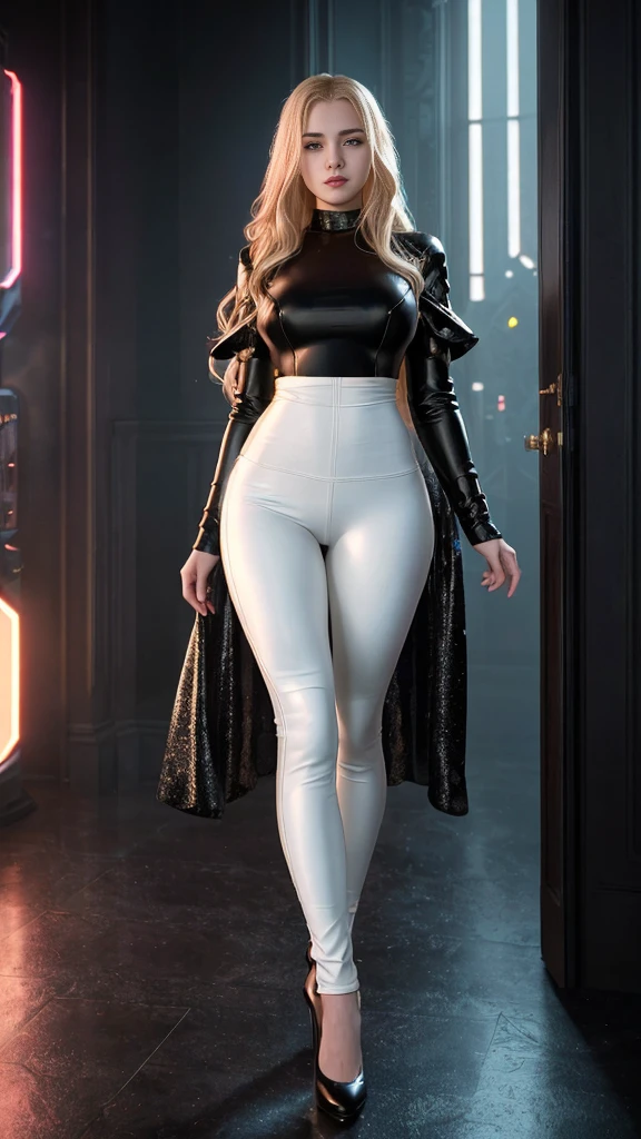 A teenage girl with a beautiful face, long blonde wavy hair, pale skin, solemn countenance, expressive and deep symmetrical eyes with glitter, a slender figure in a cyberpunk evening gown. (Tight pants with seams: 1.2 ) standing at the palace in the future., hot, gorgeous, full body , perfect light perfect composition Beauty Award winning masterpiece Artstation 8 k Artgerm Mucha Dim Volumetric lighting Octane 18 k Beautiful detail rendering. post processing, portrait, exaggerated detail, complex, grand composition, cinematic lighting, masterpiece, trending art station, high detail, masterpiece, beautiful, 18k , HDR, smooth, sharp focus, high resolution.