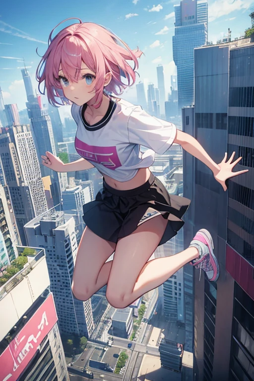 1girl,solo,cool,sporty,casual fashion,pink hair and short hair,black sneaker,big bust,jumping,building to building,sky,parkour,dynamic,from above,from the front