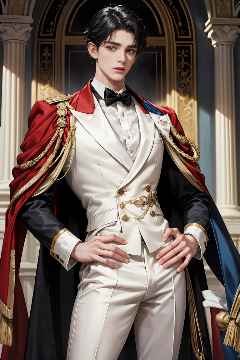 masterpiece, 最high quality, high quality, 1 boy, alone, Male focus, Watching the audience, Messy black hair, Adorable big blue eyes, White, Noble, Noble, Tuxedo、A very voluminous, large, very large, very large, long, long red and black cape with a high stand-up collar, made of a lot of fabric that reaches down to the floor., 17 years old,Cute beautiful boys,Cute, cute, kind, handsome guy