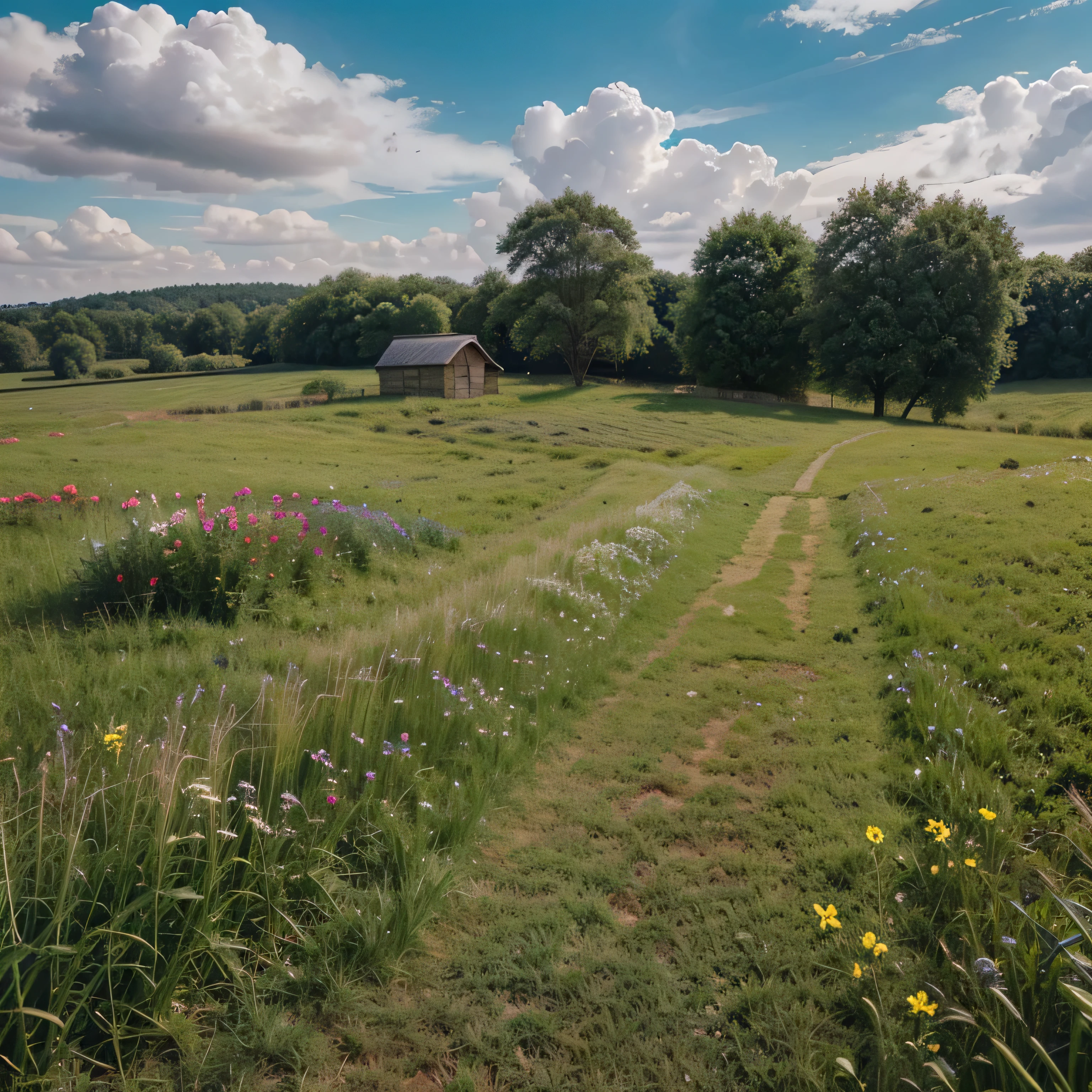 Country side landscape with different colour flowers,grass and a small Hut on another side with a beautiful sky