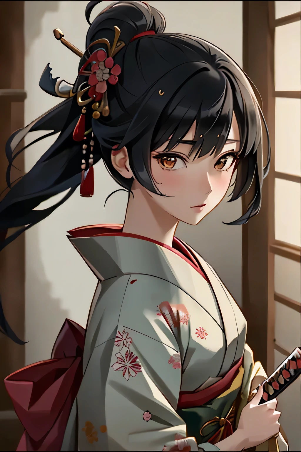 ((1 woman)), Fuji frame , nihongami, hime, Toda-Mariko, Bust Shot , One head, one person, upper body close-up, Ukiyo-e, geisha, Japan, Japanese, kimono, Beautiful woman , Bunkin Takashimada , Edo period, princess, Japanese hairstyle, Nihon-Gami, Nippon-Kami, home, ultra-realistic, photo-like, beautiful Japanese princess Geisha's Reflection on Katana: Sushi Scream, Edo period, princess, Japanese hairstyle, ultra-realistic, photo-like, beautiful Japanese princess