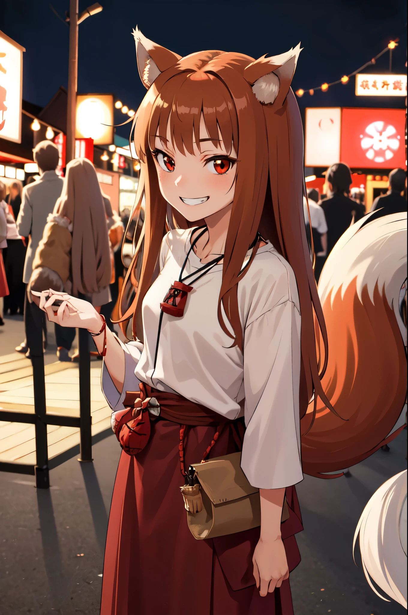 masterpiece, best quality, highres, 1girl, long hair, brown hair, animal ears, red eyes, (wolf tail), necklace, sash, pouch, smile, grin, Tokyo's festival, night city, standing