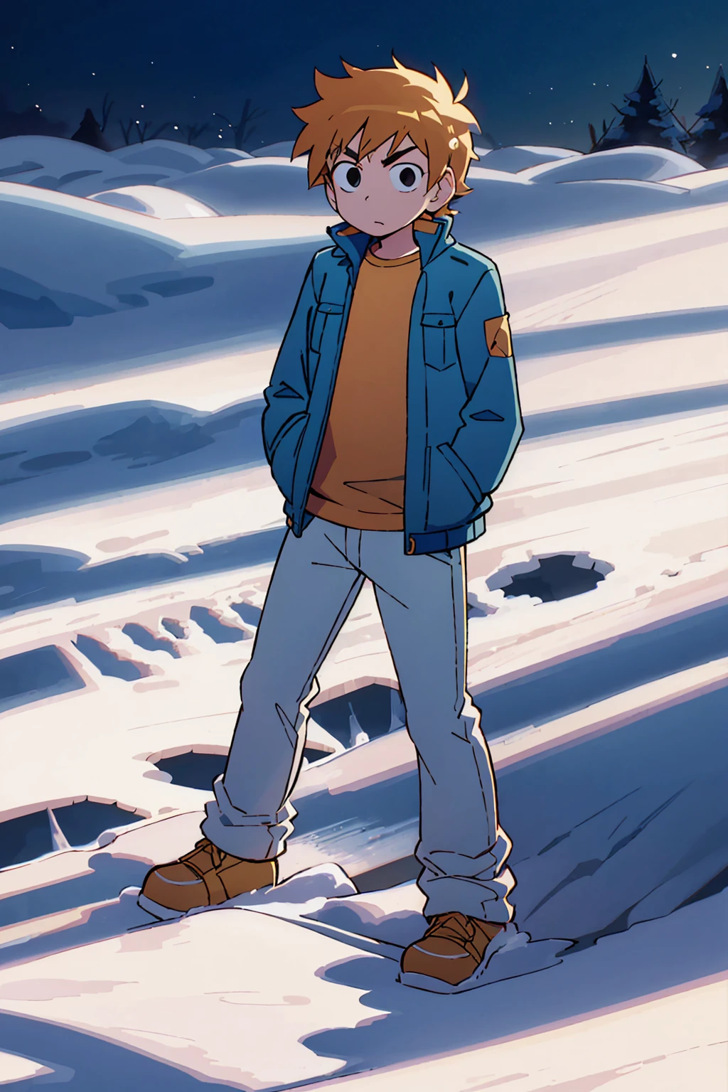 Scott Pilgrim Takes Off A boy Scott Pilgrim Orange hair shirt jacket thick eyebrows Canada A man standing in the snow looking at the camera full-body shot perfect illustration, ultra-detailed, HDR, vibrant colors, soft lighting official art