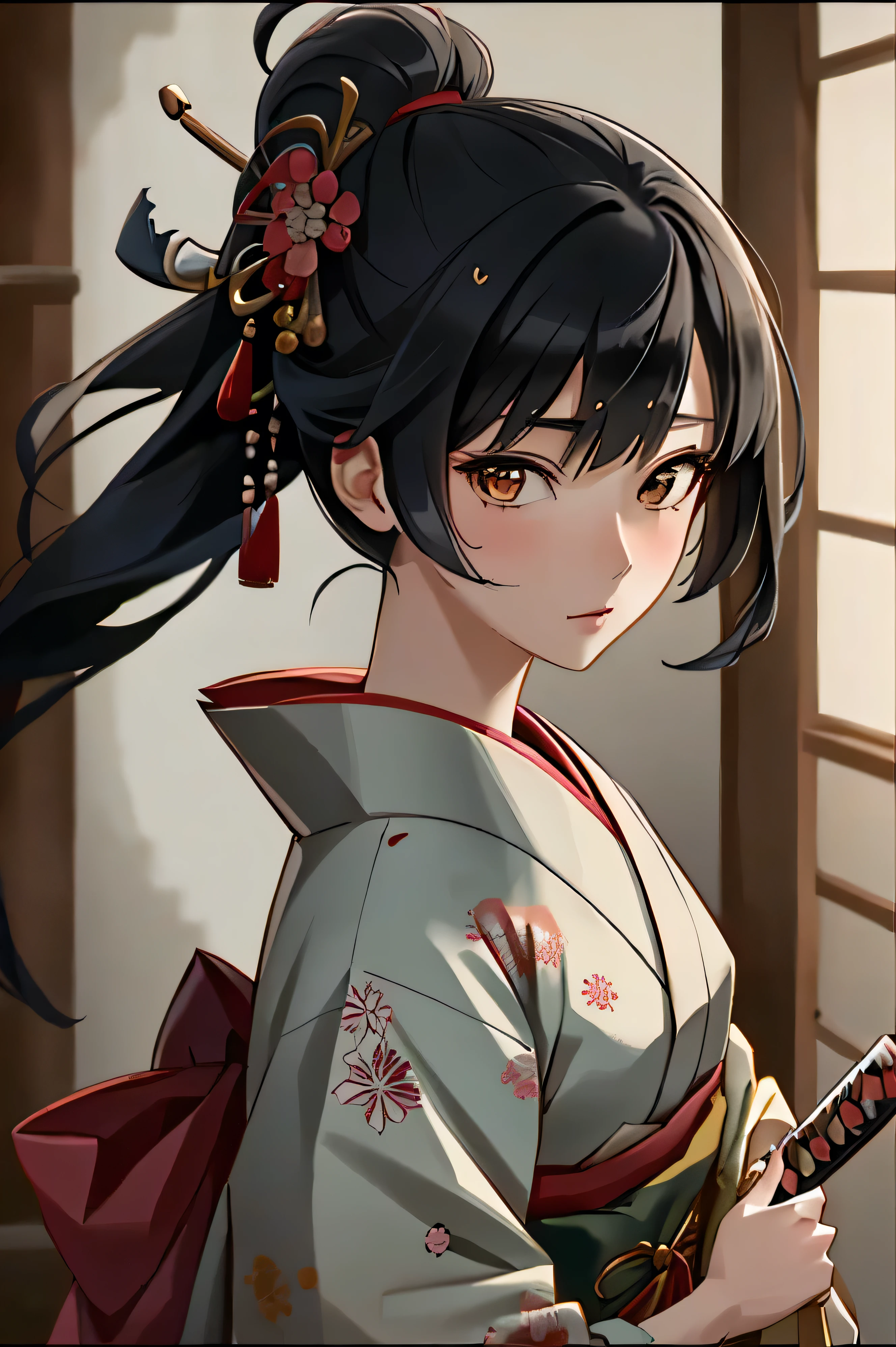 ((1 woman)), Fuji frame , nihongami, hime, Toda-Mariko, Bust Shot , One head, one person, upper body close-up, Ukiyo-e, geisha, Japan, Japanese, kimono, Beautiful woman , Bunkin Takashimada , Edo period, princess, Japanese hairstyle, Nihon-Gami, Nippon-Kami, home, ultra-realistic, photo-like, beautiful Japanese princess Geisha's Reflection on Katana: Sushi Scream, Edo period, princess, Japanese hairstyle, ultra-realistic, photo-like, beautiful Japanese princess