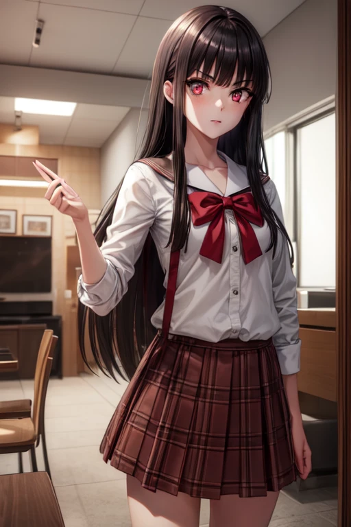  sarasvati, long hair, black hair, (red eyes:1.4), blunt bangs, hime cut,
BREAK skirt, bow, , serafuku, plaid, red bow, brown skirt,
BREAK indoors,
BREAK looking at viewer, (cowboy shot:1.5),
BREAK (masterpiece:1.2), best quality, high resolution, unity 8k wallpaper, (illustration:0.8), (beautiful detailed eyes:1.6), extremely detailed face, perfect lighting, extremely detailed CG, (perfect hands, perfect anatomy),