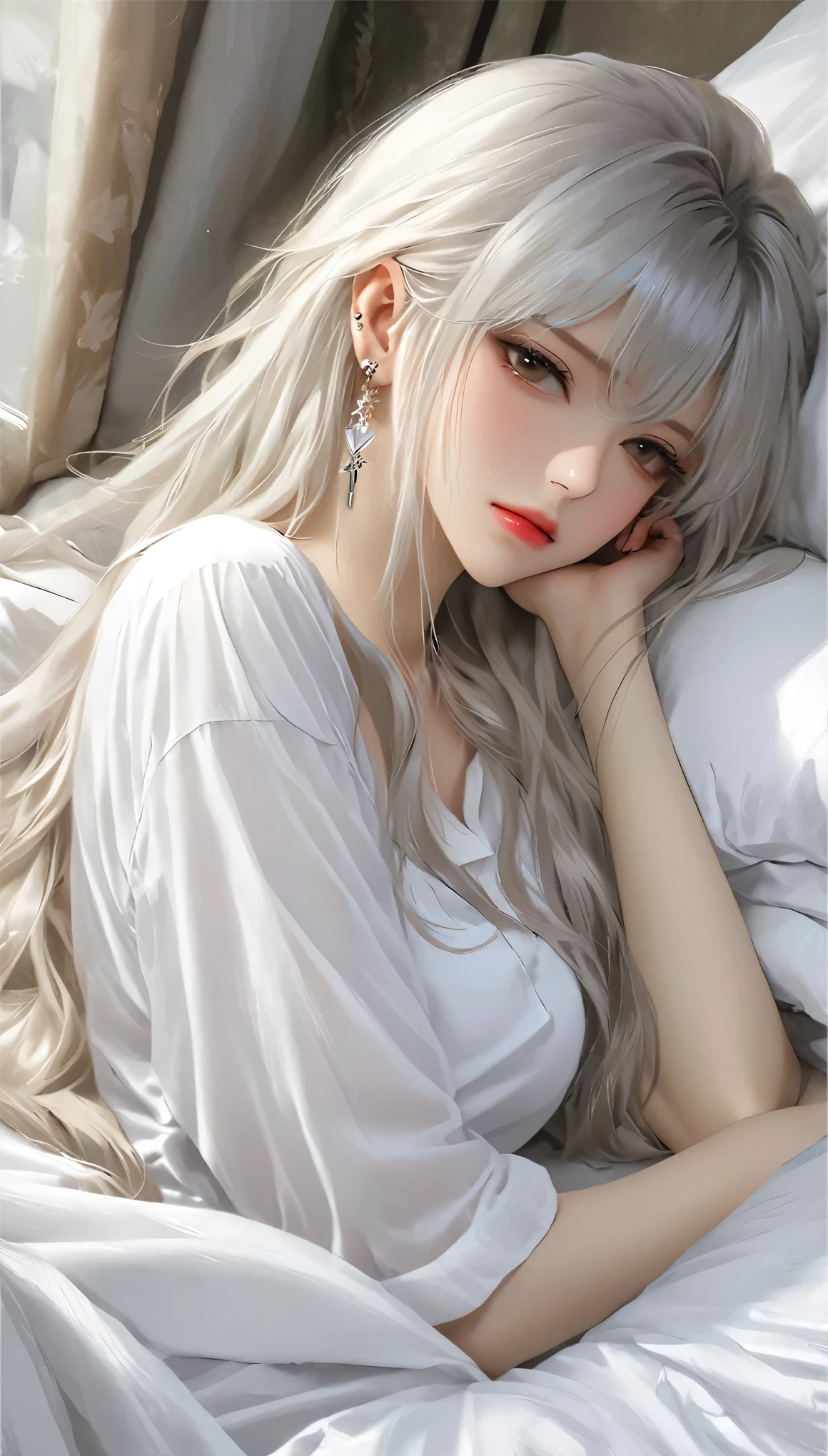 1 Girl, Solitary, Long hair, shirt, white shirt, Bangs, Upper Body, earrings,  jewelry, white hair, Shut up、Lying in bed