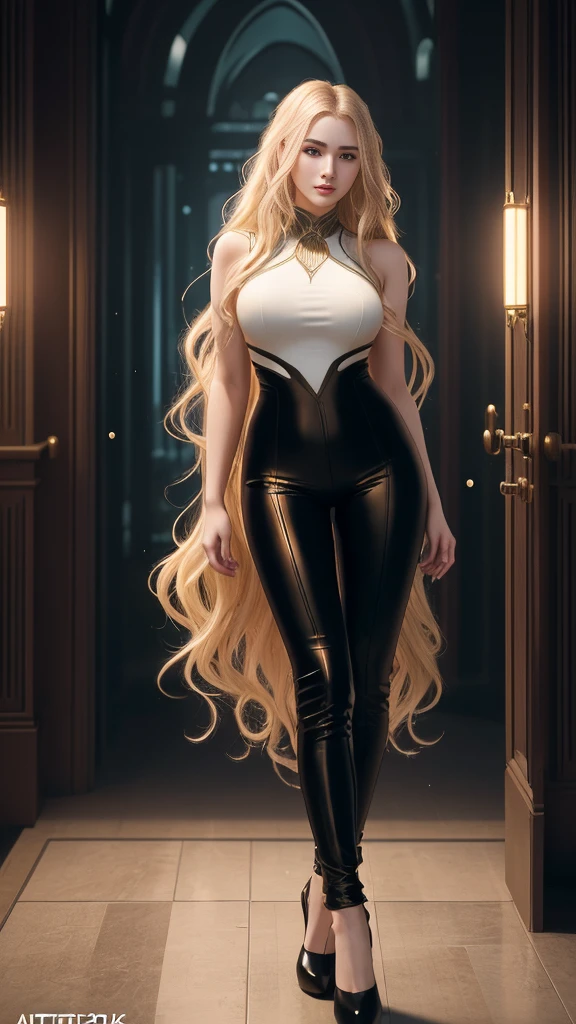 A teenage girl with a beautiful face, long blonde wavy hair, pale skin, solemn countenance, expressive and deep symmetrical eyes with glitter, a slender figure in a cyberpunk evening gown. (Tight pants with seams: 1.2 ) standing at the palace in the future., hot, gorgeous, full body , perfect light perfect composition Beauty Award winning masterpiece Artstation 8 k Artgerm Mucha Dim Volumetric lighting Octane 18 k Beautiful detail rendering. post processing, portrait, exaggerated detail, complex, grand composition, cinematic lighting, masterpiece, trending art station, high detail, masterpiece, beautiful, 18k , HDR, smooth, sharp focus, high resolution.