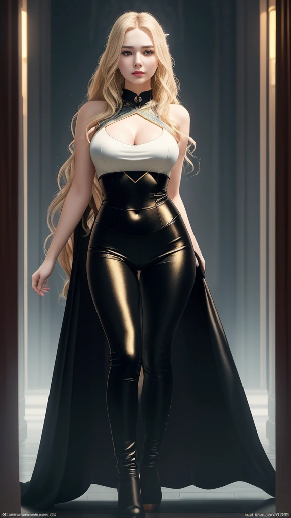 A teenage girl with a beautiful face, long blonde wavy hair, pale skin, solemn countenance, expressive and deep symmetrical eyes with glitter, a slender figure in a cyberpunk evening gown. (Tight pants with seams: 1.2 ) standing at the palace in the future., hot, gorgeous, full body , perfect light perfect composition Beauty Award winning masterpiece Artstation 8 k Artgerm Mucha Dim Volumetric lighting Octane 18 k Beautiful detail rendering. post processing, portrait, exaggerated detail, complex, grand composition, cinematic lighting, masterpiece, trending art station, high detail, masterpiece, beautiful, 18k , HDR, smooth, sharp focus, high resolution.