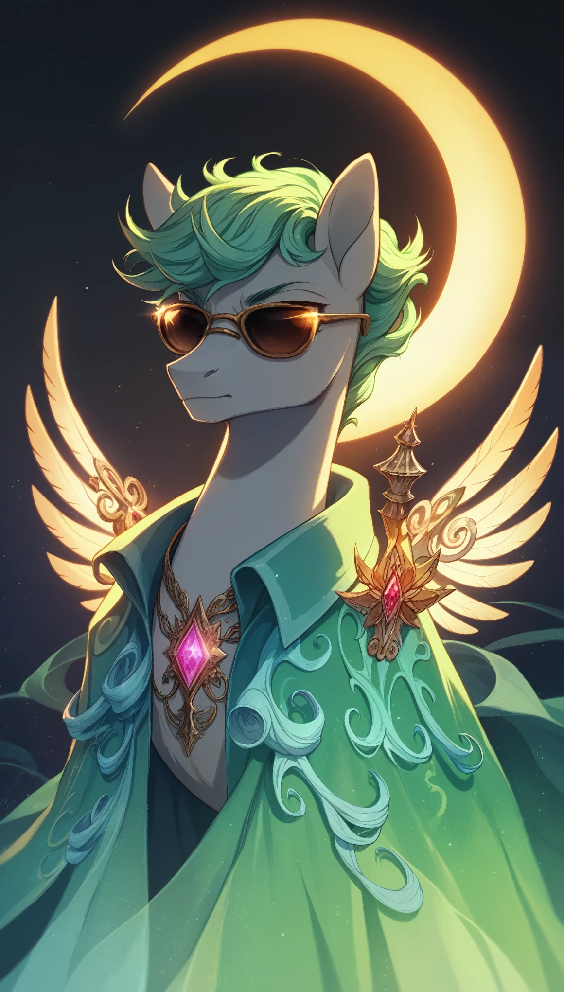 score_9,score_8_up,score_7_up,score_6_up, Visual-Kei pony, sunglasses, glowing backlight, whimsical, enchanted, magical, fantasy art concept, intricate details,