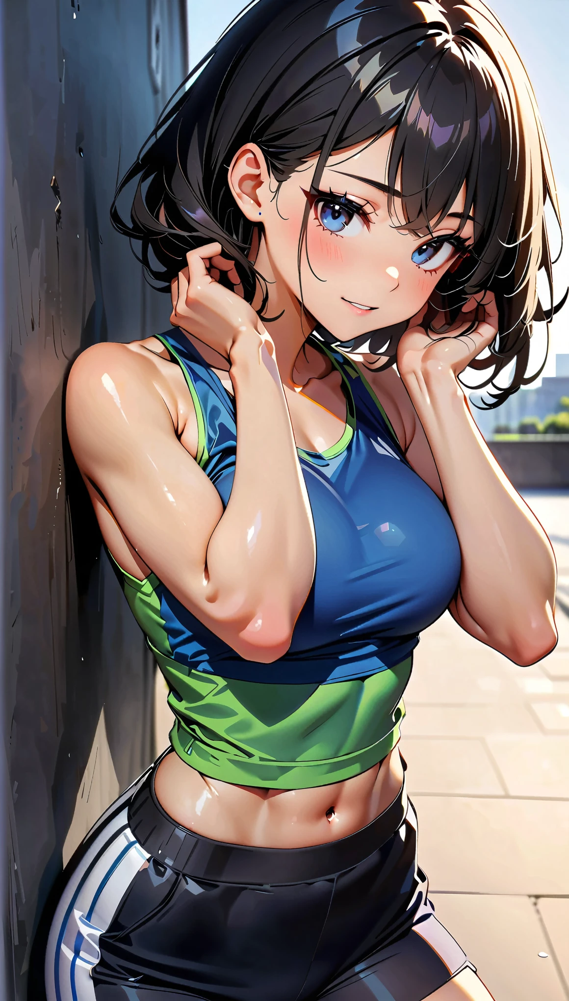 (high quality, 8k, 4K, High Contrast, masterpiece:1.2, 最high quality, Best aesthetics), ((1 female)), athlete, Clear focus: 1.2, Excellent style:1.4, Slim Abs:1.2, ((Black Hair, Attractive body:1.2)), Tightened, Best Muscles, Muscle Language, Colorful Tank Tops, Cropped tops, Highly detailed face and skin texture, Fine grain, double eyelid, Random Posing, Unique composition.