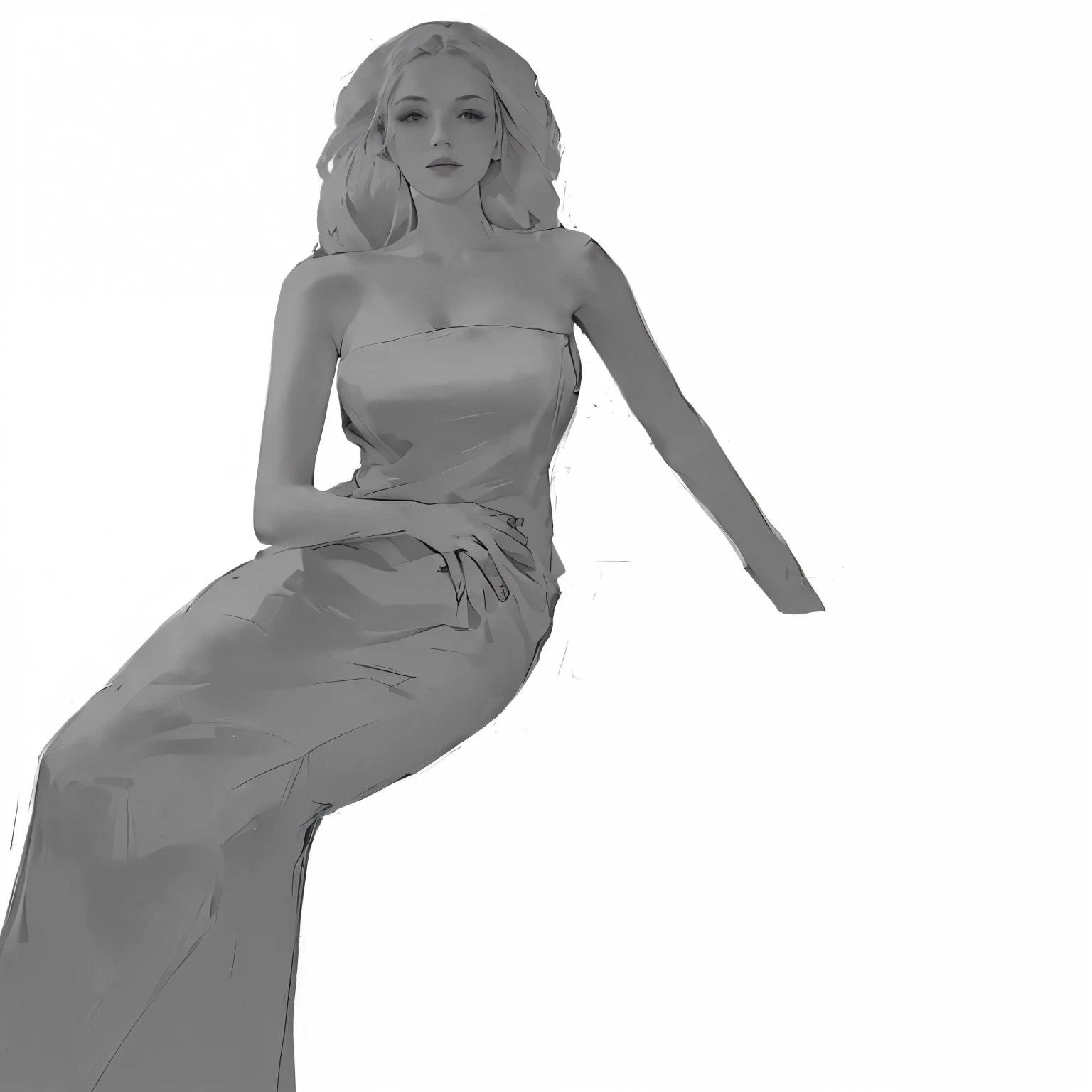Close-up of a woman in a dress sitting on a chair, Sitting position, Comfortable pose, 3 / 4 Installation, Neutral posture, Thinking position, Hands behind her body!, Relaxed posture, Full grayscale painting, Mostly in gray tones., seductive pose, doing a graceful pose, doing a graceful pose over you, Perfect body, realistic gray color, Whole body pose