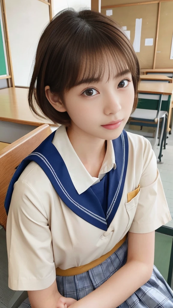 NSFW.(best quality,4k,8k,highres,masterpiece:1.5), ultra-detailed,(realistic,photorealistic,photo-realistic:1.37),portrait, young Japanese girl, (Incredibly Ultra Slim body and small breasts:1.5), mesmerizingly beautiful face,Close-up of her face, striking features, ultra cute and idol-like, (distinctly expressive ultra beautiful eyes:1.5), beautifully shaped eyebrows, captivating gaze, delicately curved lips, natural rosy cheeks, vibrant charm, flawless and fair skin, subtle shading, realistic rendering,(She is wearing a Japanese junior high school uniform:1.5),(red and very short hair:1.25), gently swaying, golden rays of sunlight gently illuminating the scene, elegant and graceful posture, creating a tranquil and serene atmosphere. She's in the classroom.