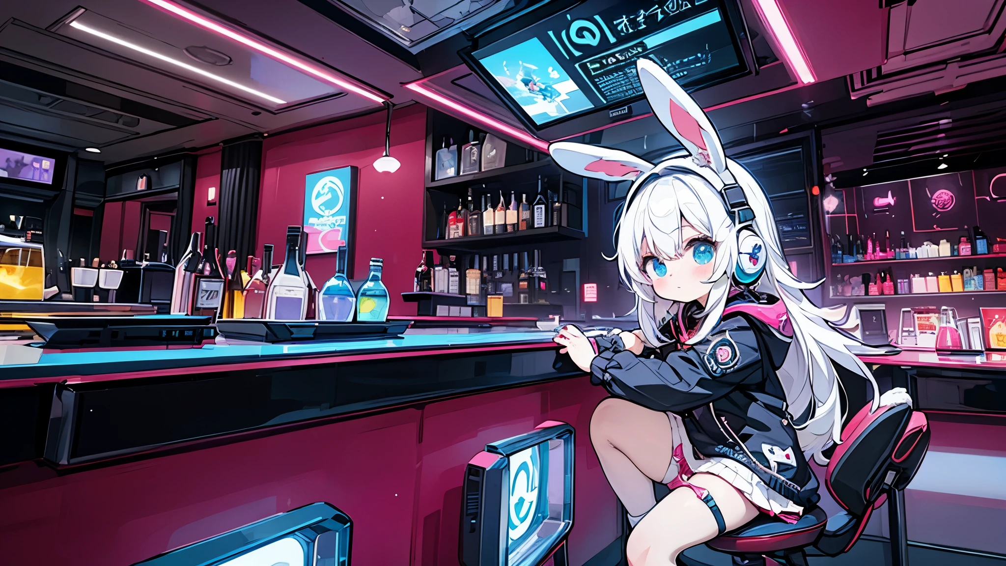 Bar in a cave,Anime white hair girl with headphones, wearing rabbit ears,Cyberpunk clothing,Vibrant juice,Sitting at the counter,Romantic space, Futuristic interior, Cute stuffed rabbit, Cute art style, Anime Style 4k,Vivid Color