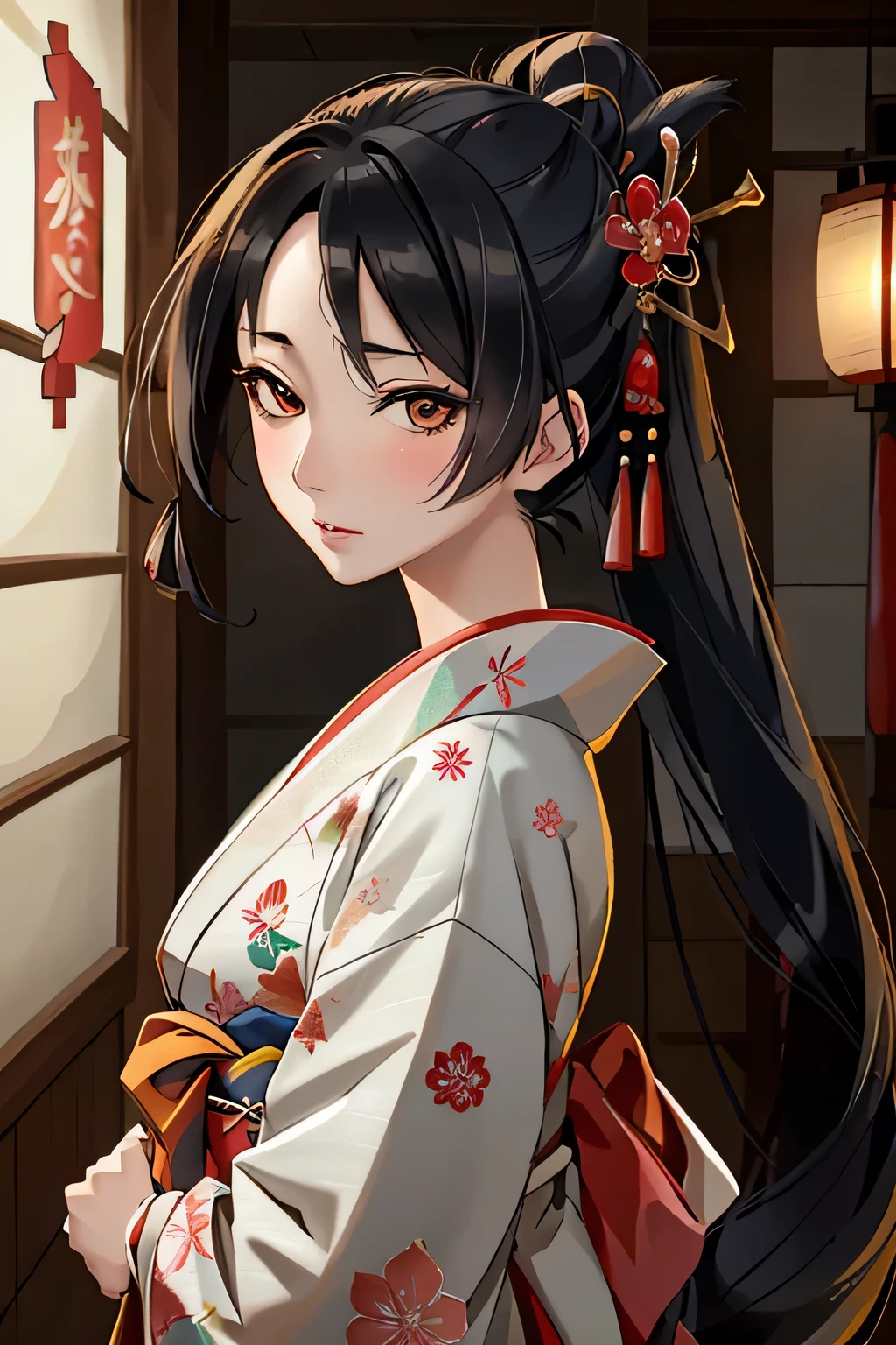 ((1 woman)), Fuji frame , nihongami, hime, Toda-Mariko, Bust Shot , One head, one person, upper body close-up, Ukiyo-e, geisha, Japan, Japanese, kimono, Beautiful woman , Bunkin Takashimada , Edo period, princess, Japanese hairstyle, Nihon-Gami, Nippon-Kami, home, ultra-realistic, photo-like, beautiful Japanese princess Geisha's Reflection on Katana: Sushi Scream, Edo period, princess, Japanese hairstyle, ultra-realistic, photo-like, beautiful Japanese princess