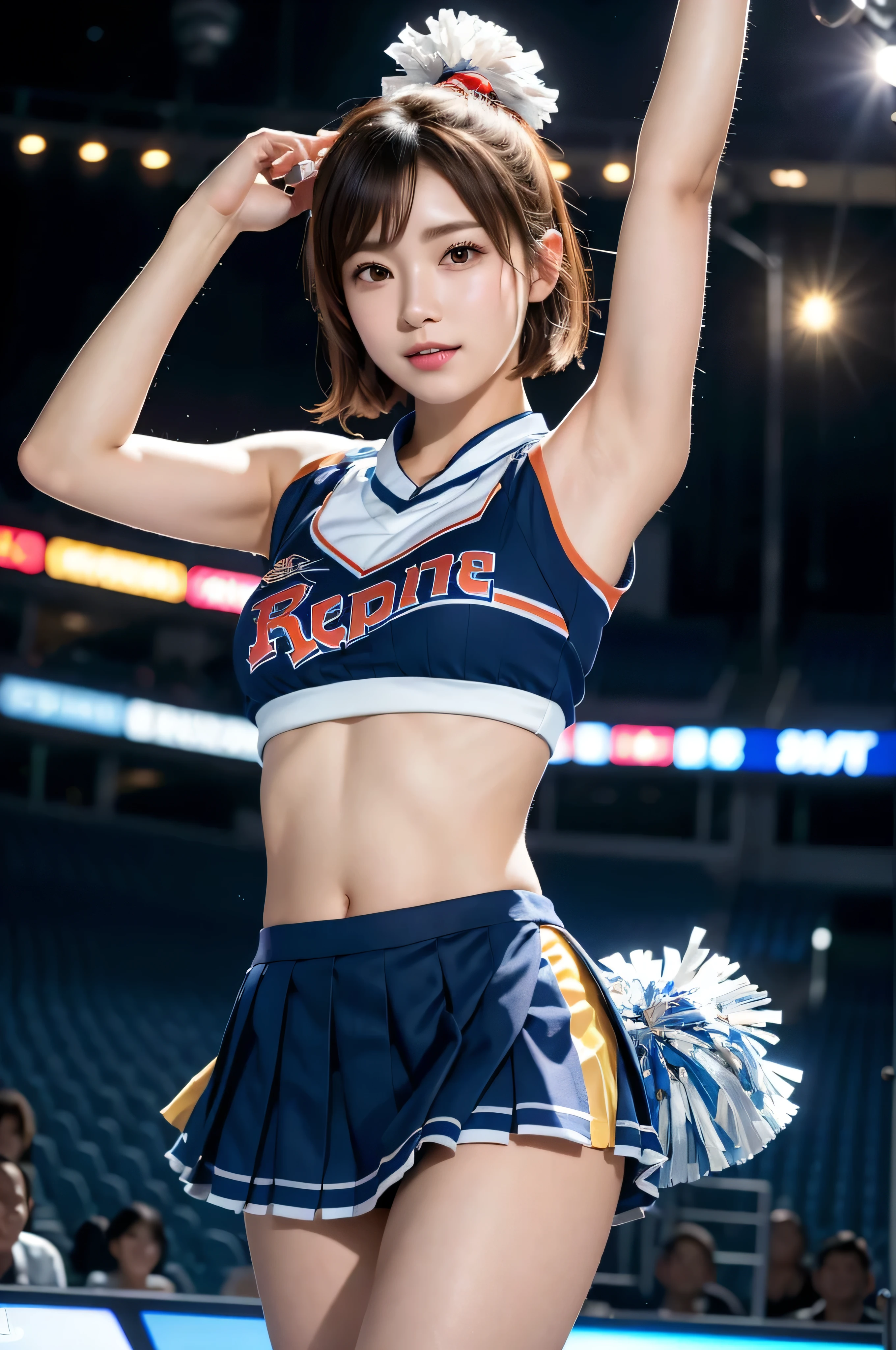 (8k, RAW Photos, highest quality, Tabletop:1.2), (Realistic, Photorealistic:1.37),One Girl, Professional Lighting, Photon Mapping, Radio City, RAW Photos、(Photorealistic:1.4)、Octane Rendering、Complex 3D rendering with ultra-detail, Studio Soft Light, Rim Light, Vivid details, Super Detail, Realistic skin texture, Detailed aspect, Beautiful details in the eyes, Highly detailed CG Unity 16k wallpaper, compensate, (Detailed Background:1.2),highest quality, 超A high resolution, Tabletop, One Girl,Brown Hair,(short hair), 20-year-old,((Cheerleader、cheer leading)), Cute face、((Pleated skirt))、Nogizaka Idol、Korean Idol、Japan is an idol、(Sexy pose)