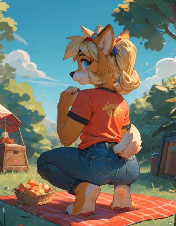 [isaCrossing], [Isabelle], [Animal Crossing], [Uploaded to e621.net; (Pixelsketcher), (wamudraws)], ((masterpiece)), ((HD)), ((high res)), ((solo portrait)), ((back view)), ((feet visible)), ((furry; anthro)), ((detailed fur)), ((detailed shading)), ((beautiful render art)), {anthro; (slim figure), yellow fur, black nose, (cute blue eyes), (blonde hair), (bells in hair), topknot, fluffy tail, (curvy hips), (sweat on forehead), (beautiful legs), (beautiful feet), (detailed soles), (paw pads), (cute smirk)}, (nervous expression)}, {(red ribbon in hair), (orange tee shirt), (tight jeans)}, {(sitting on picnic blanket), (crouching), (reaching in picnic basket), (pigeon-toed), (looking back), (looking at viewer)}, [background; (park), (trees), (blue sky), (sun rays), (ambient lighting)], cum, wet body 