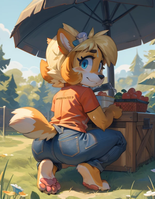 [isaCrossing], [Isabelle], [Animal Crossing], [Uploaded to e621.net; (Pixelsketcher), (wamudraws)], ((masterpiece)), ((HD)), ((high res)), ((solo portrait)), ((back view)), ((feet visible)), ((furry; anthro)), ((detailed fur)), ((detailed shading)), ((beautiful render art)), {anthro; (slim figure), yellow fur, black nose, (cute blue eyes), (blonde hair), (bells in hair), topknot, fluffy tail, (curvy hips), (sweat on forehead), (beautiful legs), (beautiful feet), (detailed soles), (paw pads), (cute smirk)}, (nervous expression)}, {(red ribbon in hair), (orange tee shirt), (tight jeans)}, {(sitting on picnic blanket), (crouching), (reaching in picnic basket), (pigeon-toed), (looking back), (looking at viewer)}, [background; (park), (trees), (blue sky), (sun rays), (ambient lighting)], cum, wet body 