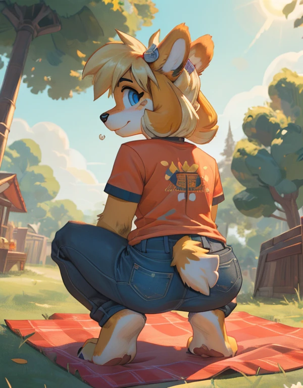 [isaCrossing], [Isabelle], [Animal Crossing], [Uploaded to e621.net; (Pixelsketcher), (wamudraws)], ((masterpiece)), ((HD)), ((high res)), ((solo portrait)), ((back view)), ((feet visible)), ((furry; anthro)), ((detailed fur)), ((detailed shading)), ((beautiful render art)), {anthro; (slim figure), yellow fur, black nose, (cute blue eyes), (blonde hair), (bells in hair), topknot, fluffy tail, (curvy hips), (sweat on forehead), (beautiful legs), (beautiful feet), (detailed soles), (paw pads), (cute smirk)}, (nervous expression)}, {(red ribbon in hair), (orange tee shirt), (tight jeans)}, {(sitting on picnic blanket), (crouching), (reaching in picnic basket), (pigeon-toed), (looking back), (looking at viewer)}, [background; (park), (trees), (blue sky), (sun rays), (ambient lighting)], cum, wet body 