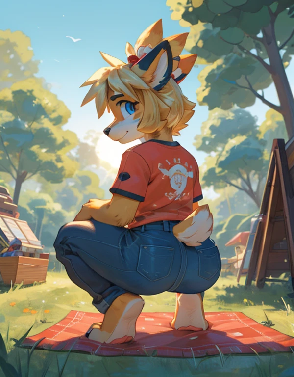 [isaCrossing], [Isabelle], [Animal Crossing], [Uploaded to e621.net; (Pixelsketcher), (wamudraws)], ((masterpiece)), ((HD)), ((high res)), ((solo portrait)), ((back view)), ((feet visible)), ((furry; anthro)), ((detailed fur)), ((detailed shading)), ((beautiful render art)), {anthro; (slim figure), yellow fur, black nose, (cute blue eyes), (blonde hair), (bells in hair), topknot, fluffy tail, (curvy hips), (sweat on forehead), (beautiful legs), (beautiful feet), (detailed soles), (paw pads), (cute smirk)}, (nervous expression)}, {(red ribbon in hair), (orange tee shirt), (tight jeans)}, {(sitting on picnic blanket), (crouching), (reaching in picnic basket), (pigeon-toed), (looking back), (looking at viewer)}, [background; (park), (trees), (blue sky), (sun rays), (ambient lighting)], cum, wet body 