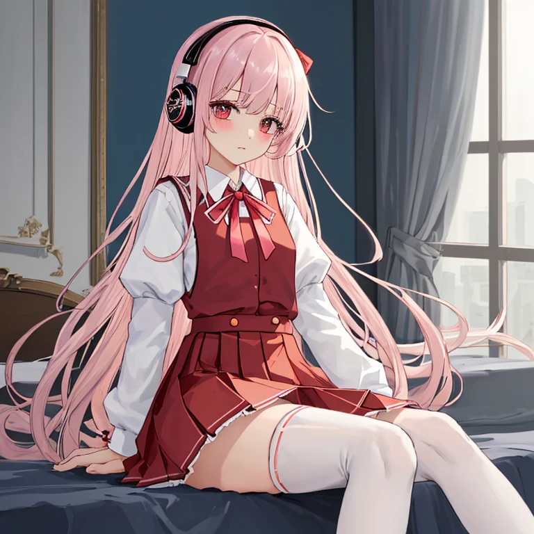 (8k、highest quality、masterpiece:1.2)、Illustration touch、Ultra-detailed、Super A High Resolution、Light pink hair、long hair、Headphones、Woman in uniform、High 、White long sleeve blouse、The top button is fastened、The red ribbon is tied tightly、Red ribbon tie、navy blue sweater vest、Red Check Skirt、Red Check Skirt、mini skirt、White knee socks、Long white socks、delicate、Sitting duck-style on the bed、M-shaped legs、Inner thighs、White panties、(School uniform:1.4)、Blushing