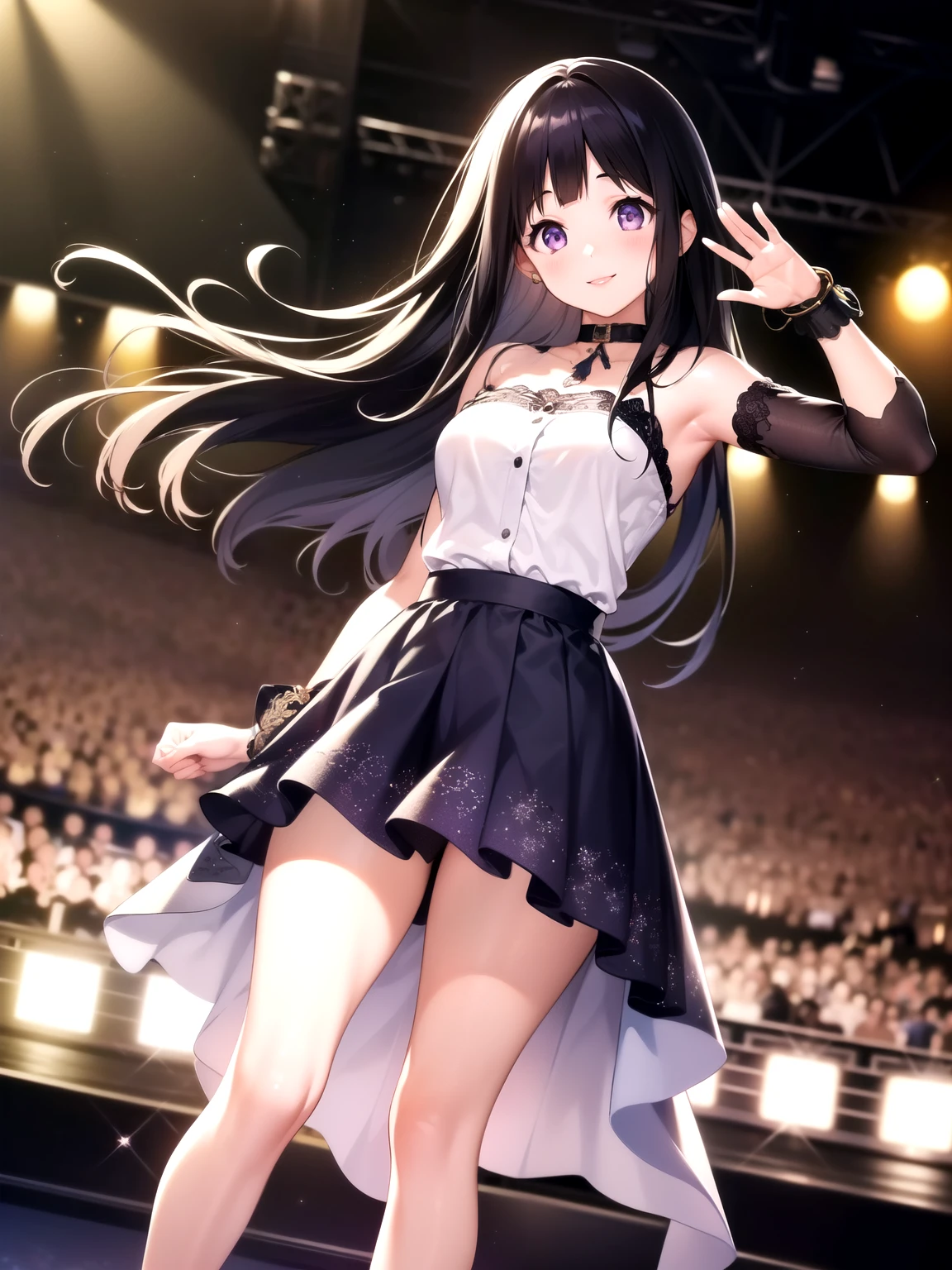 (A superb exquisite Chitanda Eru), (mature face), intricate details, (finely detailed beautiful eyes: 1.2), purple eyes, long black hair, natural straight hair, straight bangs, solo, [Small_breasts: large_breasts: 0.5], extremely delicate, peerless beautiful girl, dreamy quality, solid color, bright lips, slender waist, straight curves, soft lights and shadows, super fine, 8K HD, (masterpiece, top quality, best quality, official art, beautiful and aesthetic:1.2), (1 girl), extreme detailed, colorful, highest detailed, (((timid smile, lights on stage, puffy skirt, pop-idol, wave, knees)))