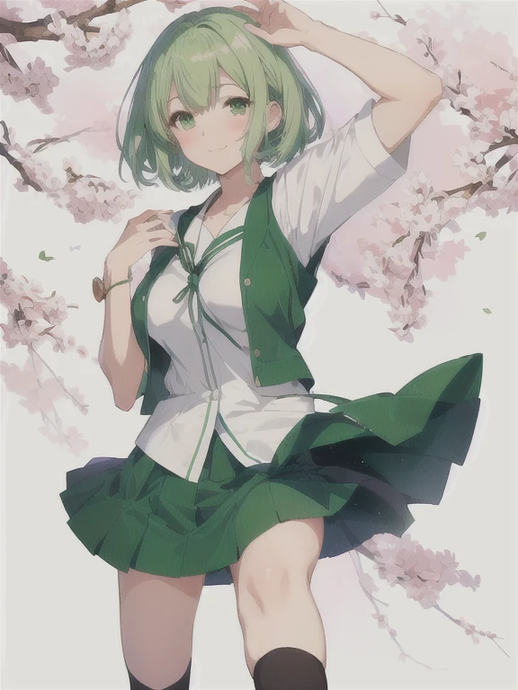 anime girl in a green skirt and white shirt posing for a picture, anime moe artstyle, fubuki, chihiro! fujisaki, kantai collection style, makoto, rei hiroe, ecchi anime style, attractive anime girl, shinkai makoto, nyaruko-san, pose(arms up + happy), seductive anime girl,Masterpiece,high quality