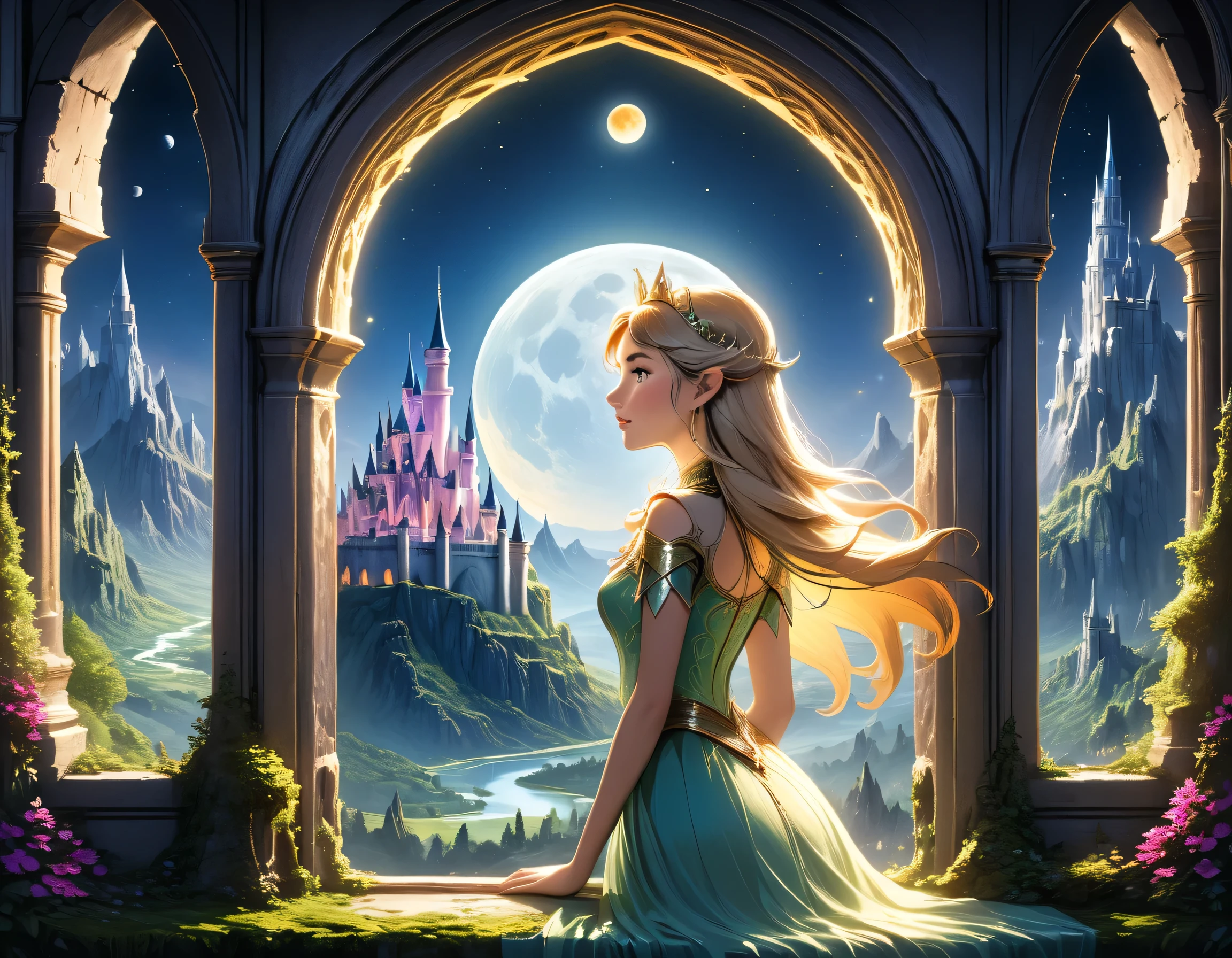 fantasy art, RPG art, a portrait picture of a (beautiful human princess: 1.2) looking through her window at a magical castle, a beautiful elven princess looking through her window to see a magical castle, an impressive best detailed castle, with towers, bridges, a moat, standing on top of a mountain, moon, colouredglazecd_xl, BJ_Full_Moon