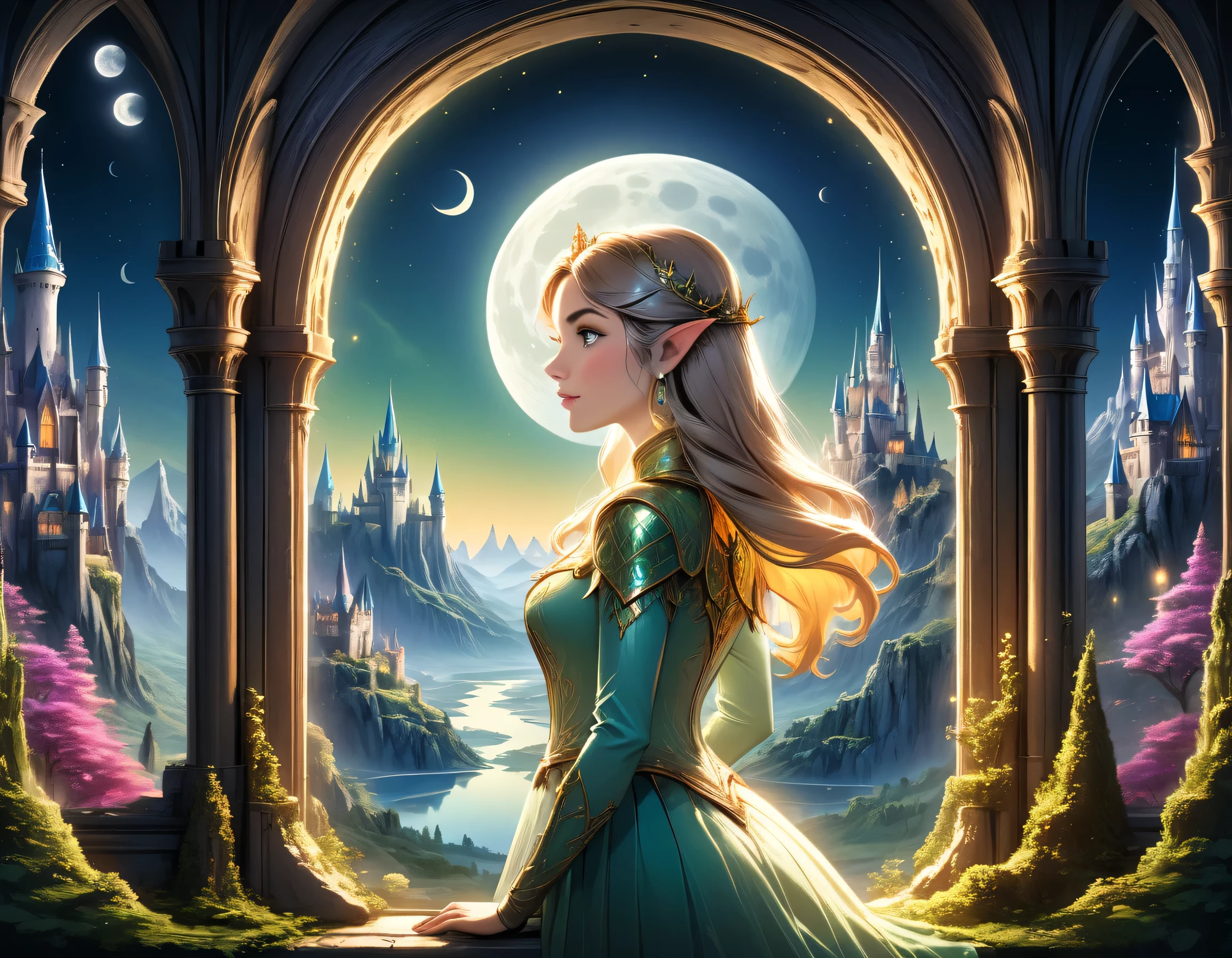 fantasy art, RPG art, a portrait picture of a (beautiful human princess: 1.2) looking through her window at a magical castle, a beautiful elven princess looking through her window to see a magical castle, an impressive best detailed castle, with towers, bridges, a moat, standing on top of a mountain, moon, colouredglazecd_xl, BJ_Full_Moon