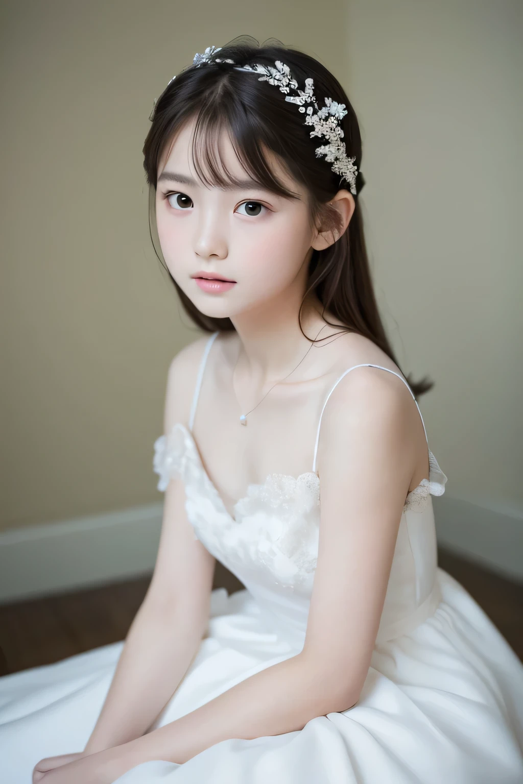 ((highest quality)), ((Photo quality)), (detailed), Perfect Face，White skin，，White dress,delicate,Sitting