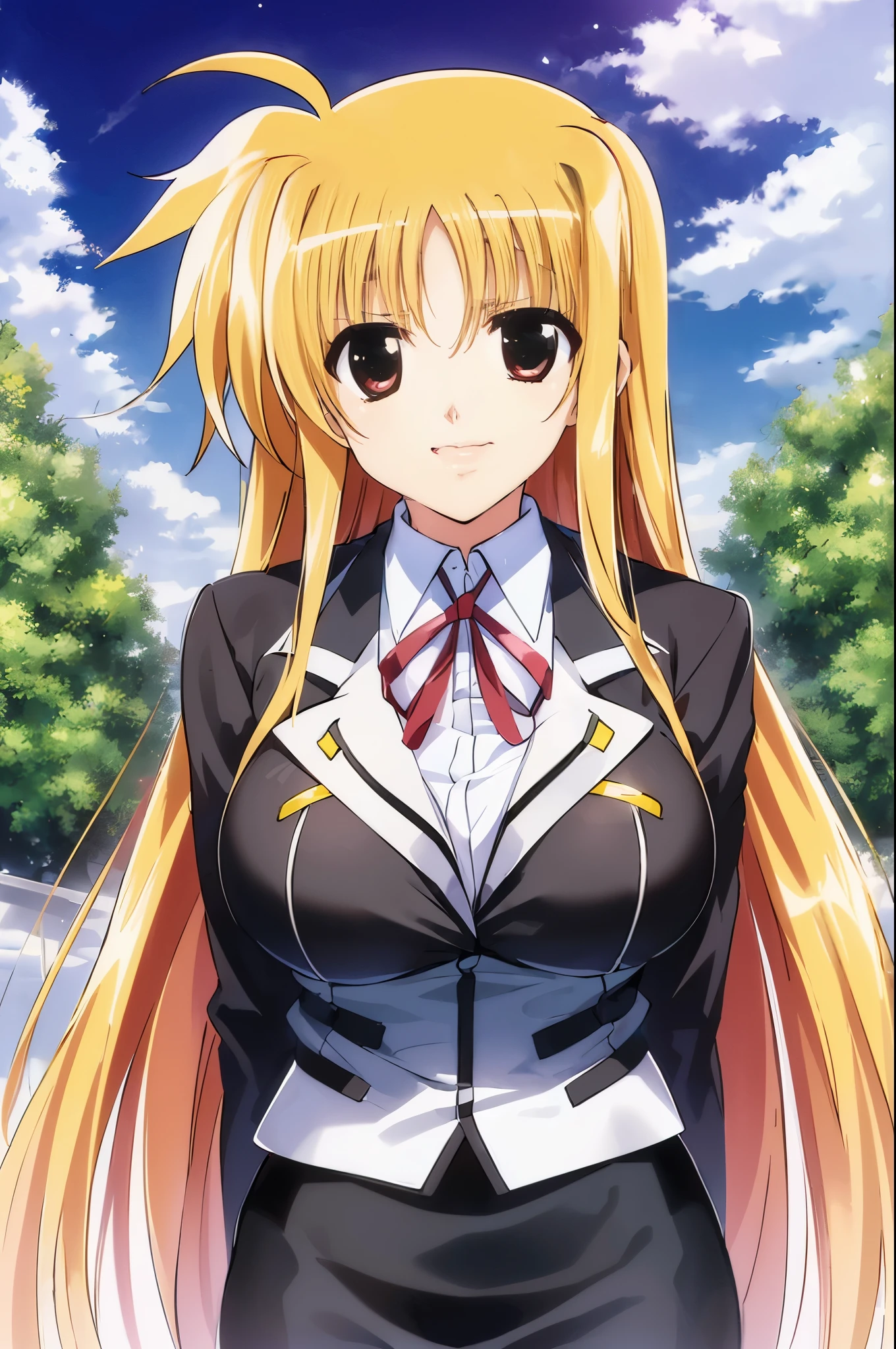 Fate T. Harlaown,Fate T. Harlaown(Magical Girl Lyrical Nanoha),Magical Girl Lyrical Nanoha,Blonde,Long Hair,Straight hair,Red eyes,Big Breasts,Large Breasts,thigh,True Sound(black tights,Black leotard,No sleeve, Sole, Shy expression, Blushing