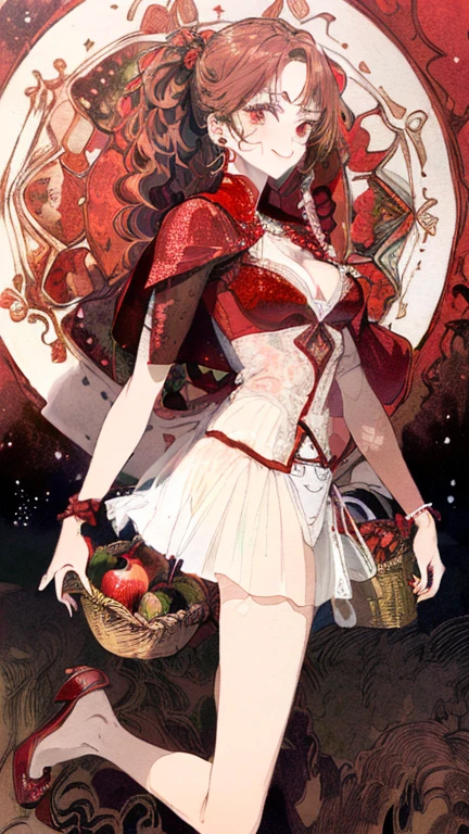 (ukiyoe painting:1.3),(3D Animation:1.3),(Fantasy style costumes),(Grimm fairy tale world),(Little Red Riding Hood,Little Red Riding Hood,red riding hood:1.3),(farmhouse entrance:1.3),(red little red riding hood:1.3),(((Red Tunic:1.3))),(((apples and bread in the basket),Cute and beautiful girl,Cute round face,Cute smile,with blush cheeks,Red Lip,(silver white hair,Floral braided headband,half up、Floral Braided Space Van,Voluminous Fishtail Braids,Twisted chignon,),(Bangs are see-through bangs),hair pin,hair adornments,detailed clothes features,Detailed hair features,detailed facial features,(Dynamic angles),(Dynamic and sexy poses),clothes that emphasize big breasts,Cinematic Light,(masutepiece,top-quality,Ultra-high resolution output image,depth of fields,intricate detailes,Make the subject look three-dimensional with the contrast of light and shadow,) ,(The 8k quality,Anatomically accurate facial structure,),(Sea Art 2 Mode:1.3),(Image Mode Ultra HD,)