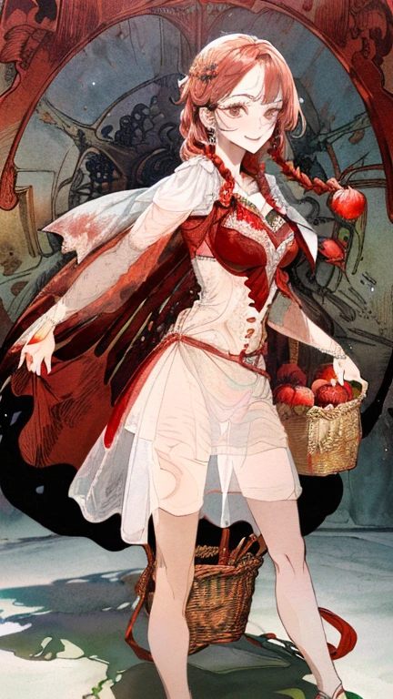 (ukiyoe painting:1.3),(3D Animation:1.3),(Fantasy style costumes),(Grimm fairy tale world),(Little Red Riding Hood,Little Red Riding Hood,red riding hood:1.3),(farmhouse entrance:1.3),(red little red riding hood:1.3),(((Red Tunic:1.3))),(((apples and bread in the basket),Cute and beautiful girl,Cute round face,Cute smile,with blush cheeks,Red Lip,(silver white hair,Floral braided headband,half up、Floral Braided Space Van,Voluminous Fishtail Braids,Twisted chignon,),(Bangs are see-through bangs),hair pin,hair adornments,detailed clothes features,Detailed hair features,detailed facial features,(Dynamic angles),(Dynamic and sexy poses),clothes that emphasize big breasts,Cinematic Light,(masutepiece,top-quality,Ultra-high resolution output image,depth of fields,intricate detailes,Make the subject look three-dimensional with the contrast of light and shadow,) ,(The 8k quality,Anatomically accurate facial structure,),(Sea Art 2 Mode:1.3),(Image Mode Ultra HD,)