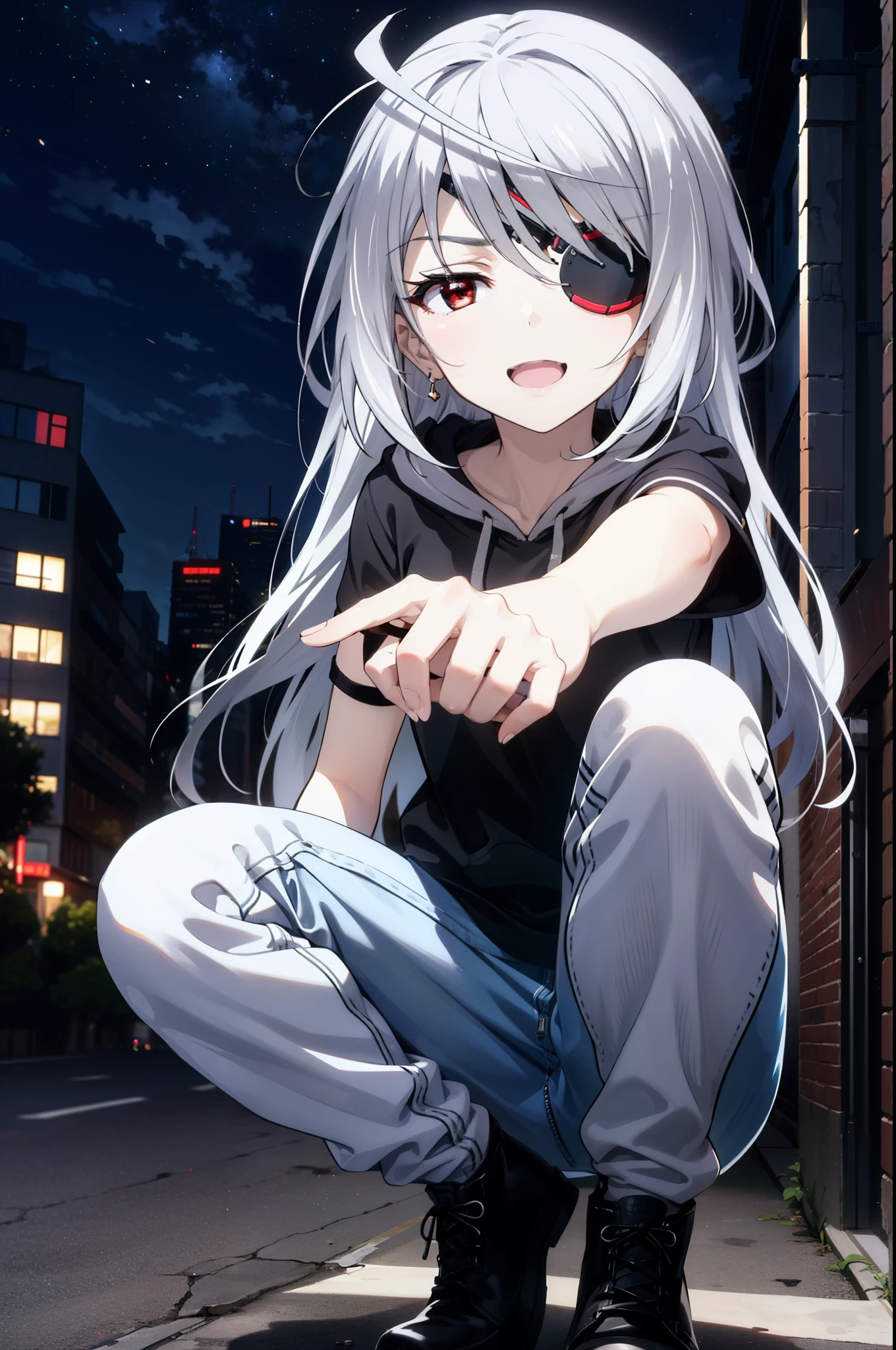 Laurabodewig, Laura Bodewig, Long Hair, (Red eyes:1.3), Grey Hair, Eye patch,happy smile, smile, Open your mouth,Black hoodie,Short sleeve,Hoodie hood up,Short denim,Black pantyhose,short boots,night,moonlight,
break outdoors, In town,Building district,crowd, people々々,
break looking at viewer,
break (masterpiece:1.2), highest quality, High resolution, unity 8k wallpaper, (figure:0.8), (Beautiful fine details:1.6), Highly detailed face, Perfect lighting, Highly detailed CG, (Perfect hands, Perfect Anatomy),