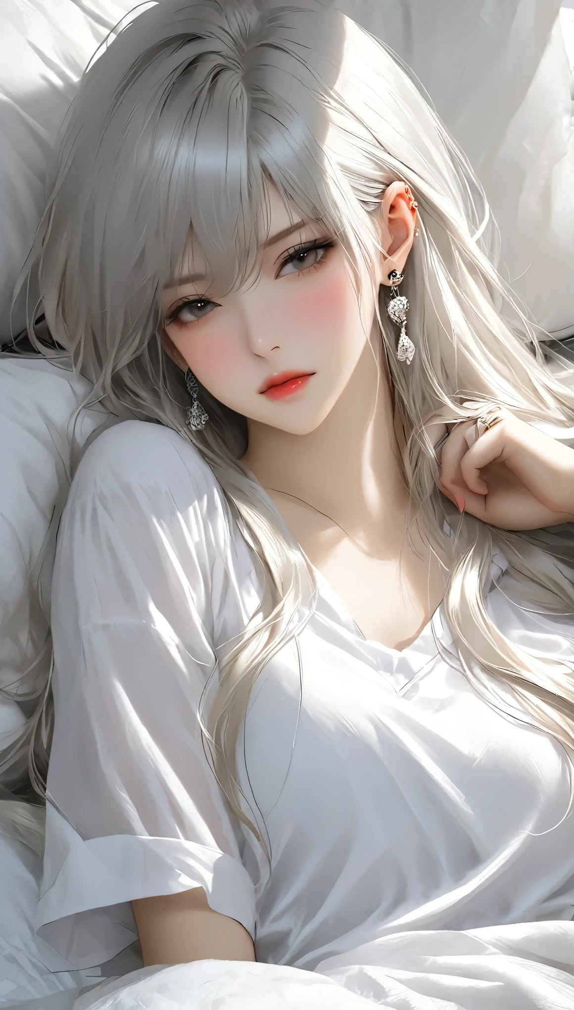 1 Girl, Solitary, Long hair, shirt, white shirt, Bangs, Upper Body, earrings,  jewelry, white hair, Shut up、Lying in bed