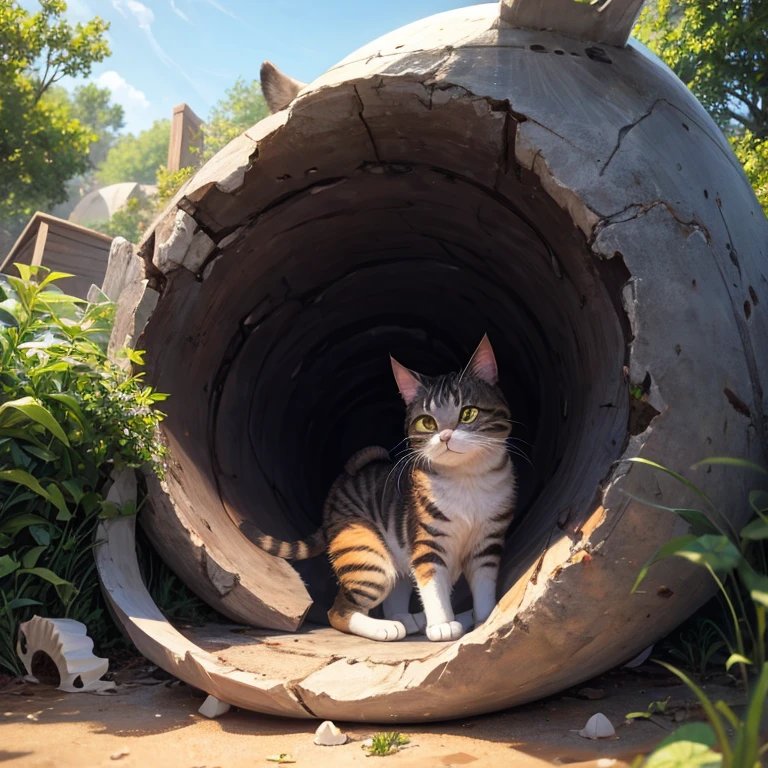 a cat looking at the bone that fell down in the hole