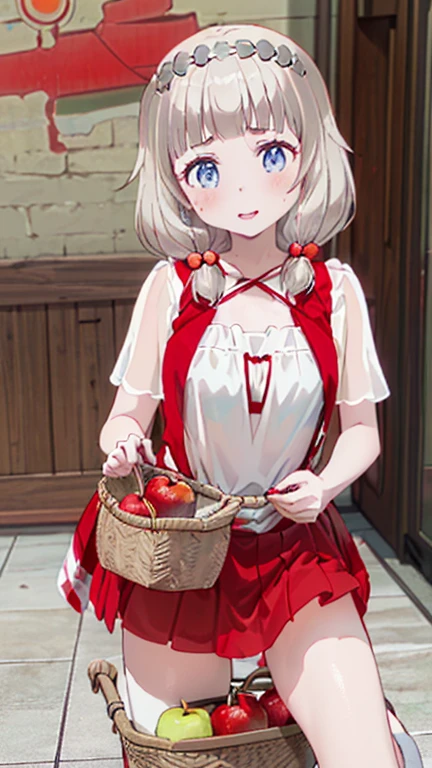 (ukiyoe painting:1.3),(3D Animation:1.3),(Fantasy style costumes),(Grimm fairy tale world),(Little Red Riding Hood,Little Red Riding Hood,red riding hood:1.3),(farmhouse entrance:1.3),(red little red riding hood:1.3),(((Red Tunic:1.3))),(((apples and bread in the basket),Cute and beautiful girl,Cute round face,Cute smile,with blush cheeks,Red Lip,(silver white hair,Floral braided headband,half up、Floral Braided Space Van,Voluminous Fishtail Braids,Twisted chignon,),(Bangs are see-through bangs),hair pin,hair adornments,detailed clothes features,Detailed hair features,detailed facial features,(Dynamic angles),(Dynamic and sexy poses),clothes that emphasize big breasts,Cinematic Light,(masutepiece,top-quality,Ultra-high resolution output image,depth of fields,intricate detailes,Make the subject look three-dimensional with the contrast of light and shadow,) ,(The 8k quality,Anatomically accurate facial structure,),(Sea Art 2 Mode:1.3),(Image Mode Ultra HD,)